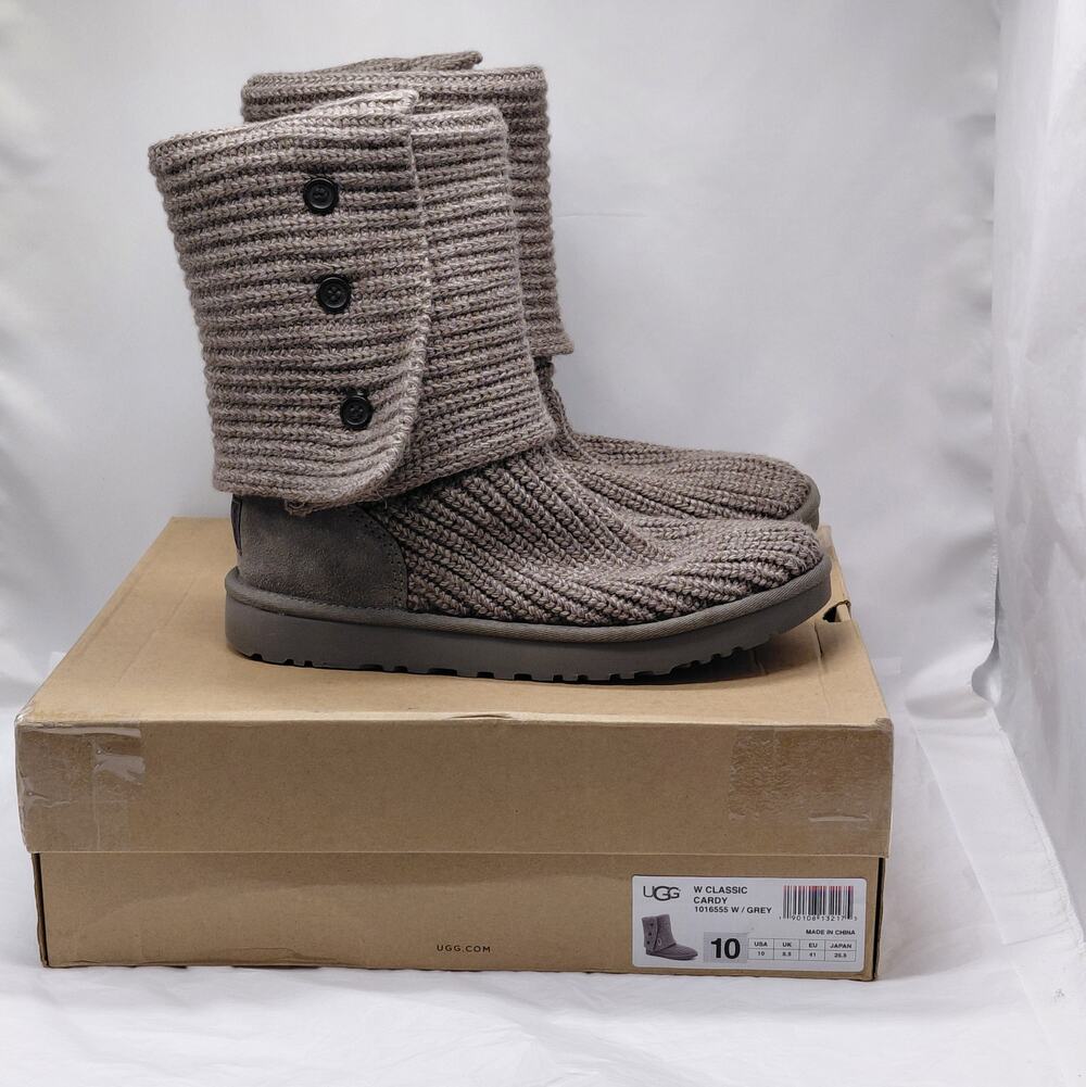 UGG Womens Wool Cardy Boots Size 10 Grey Knit Foldover Button Fleece Lined